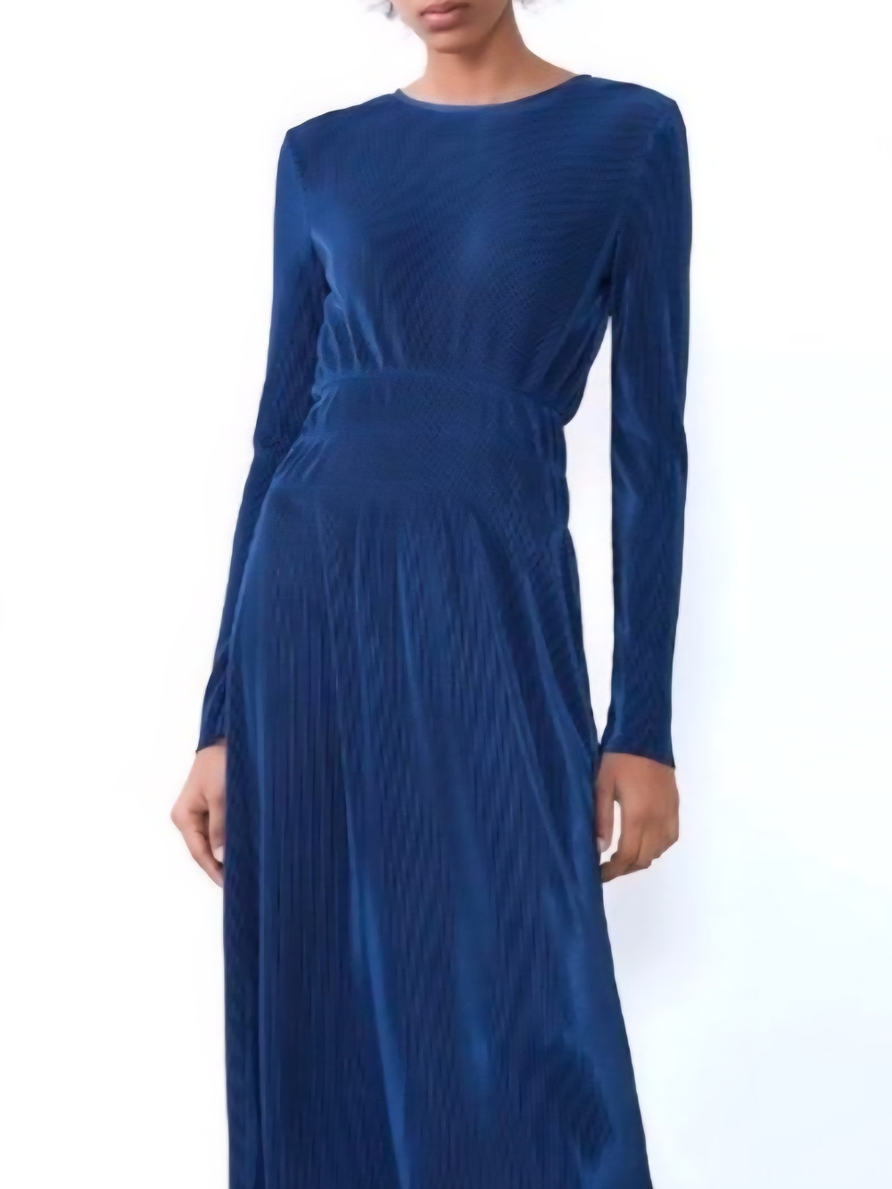Zara Navy Blue Long-Sleeve Pleated Maxi Dress